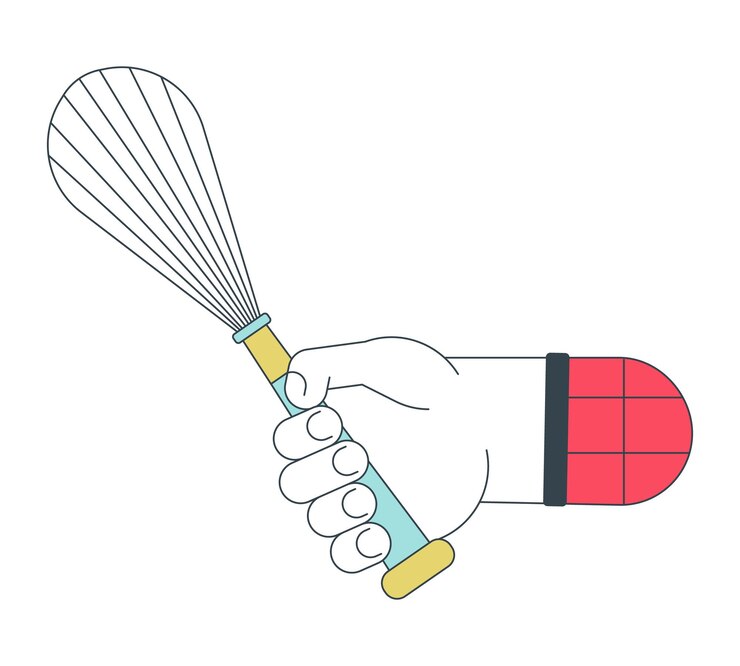 Vector whipping whisk in hand flat line concept vector spot illustration cooking steel utensil 2d cartoon outline hand on white for web ui design editable isolated color hero image
