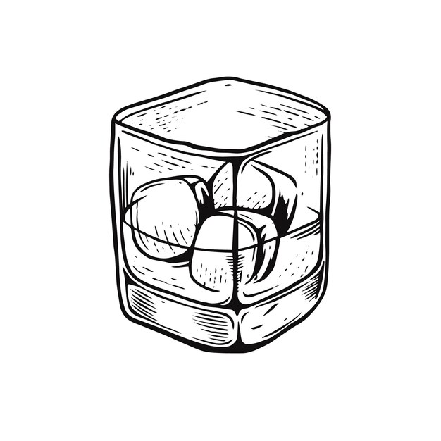 Vector whiskey or alcohol cocktail hand drawn black color outline sketch style.