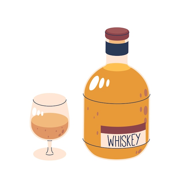 Whiskey Bottle Next To A Filled Glass On White Background Vector Illustration For Bar