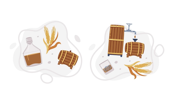 Vector whiskey drink in wooden barrel for storage and barley spikelet vector composition set