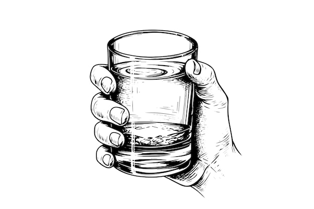 Whiskey glass in hand drawn ink sketch engraving style vector illustration