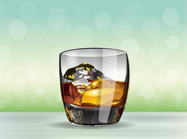 Vector whiskey glass, ice cube with whiskey with green background