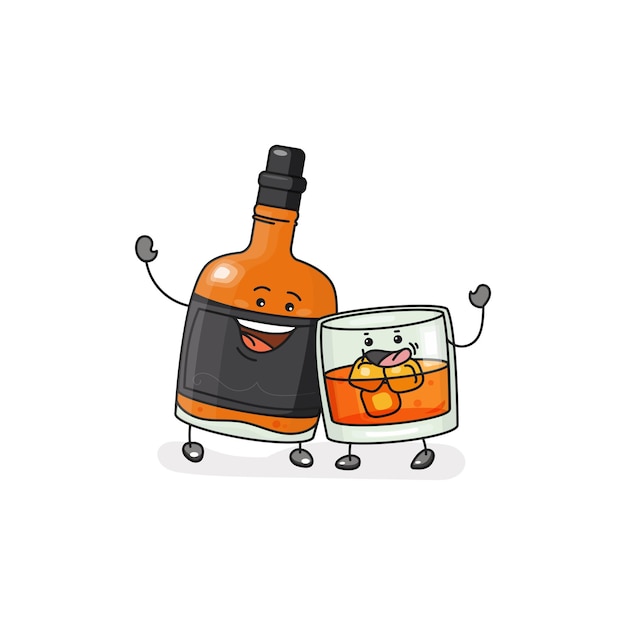 Vector whiskey glass with ice cubes bottle vector flat icon with emotions sketch linear comic style