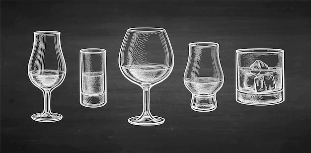 Whiskey glasses chalk sketch on blackboard background