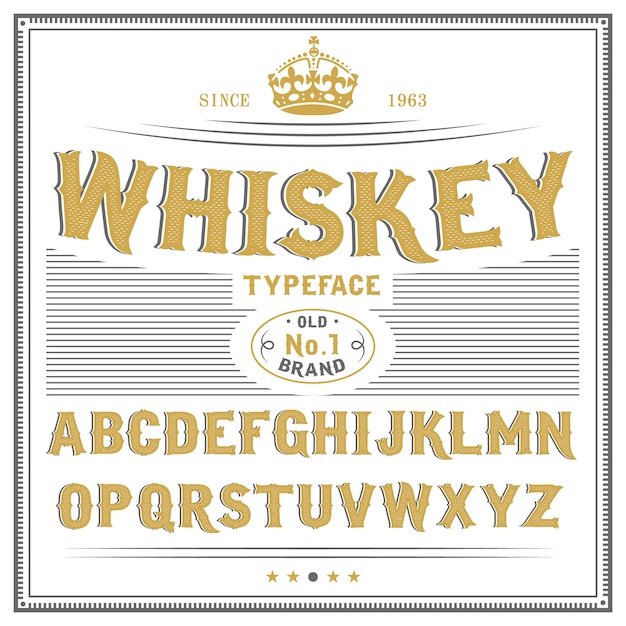 Carattere etichetta whisky e design etichetta campione. carattere tipicamente vintage nei colori nero-oro, modificabile e stratificato