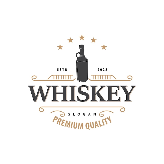 Design dell'etichetta della bevanda con logo whisky con vecchio modello premium di illustrazione di ornamento vintage retrò