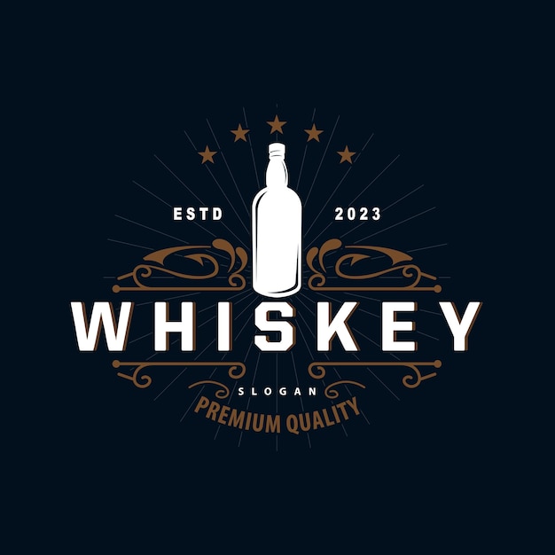 Design dell'etichetta della bevanda con logo whisky con vecchio modello premium di illustrazione di ornamento vintage retrò