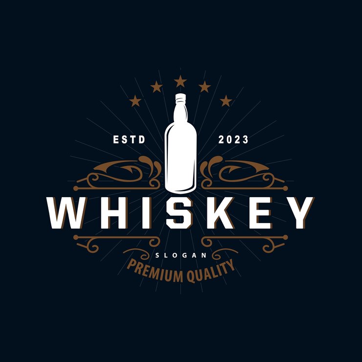 Vector whiskey logo drink label design with old retro vintage ornament illustration premium template