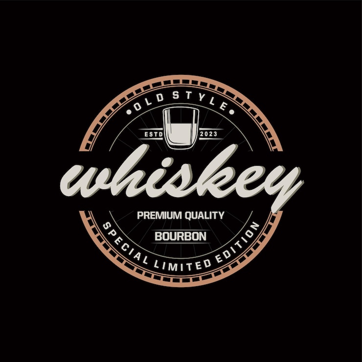 Vector whiskey logo drink label design with old retro vintage ornament illustration premium template