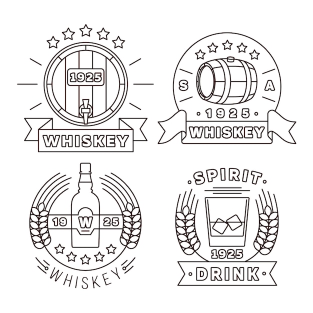 Whiskey-logo dunne lijnstijl instellen. alcohol drinkt moderne etiketten voor pub en bar