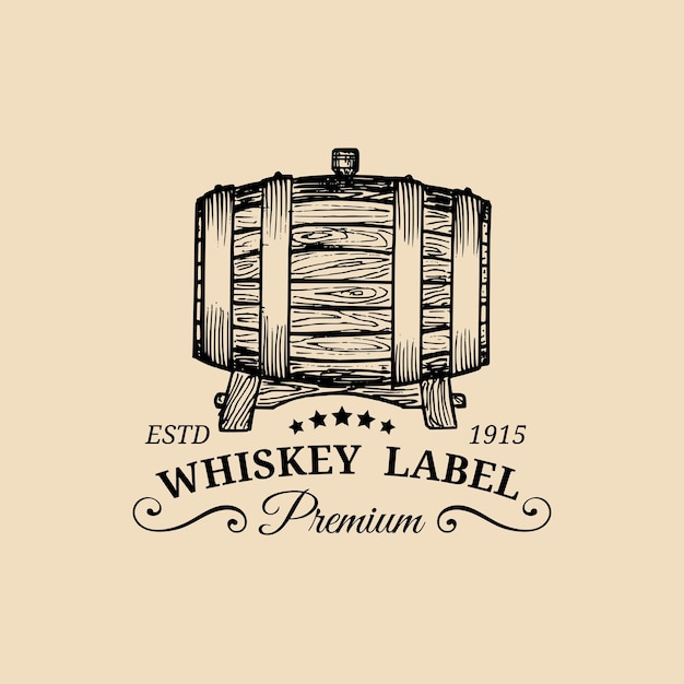 Logo whisky segno vettoriale con botte di legno badge etichetta tipografica con fusto disegnato a mano utilizzato per il menu del bar caffetteria del ristorante