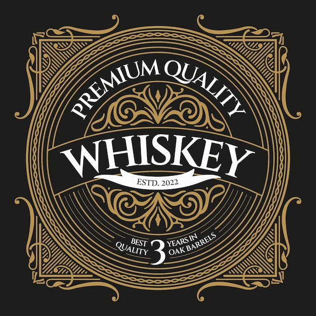 Logo tipografico vittoriano vintage decorato con whisky con cornice decorativa ornamentale