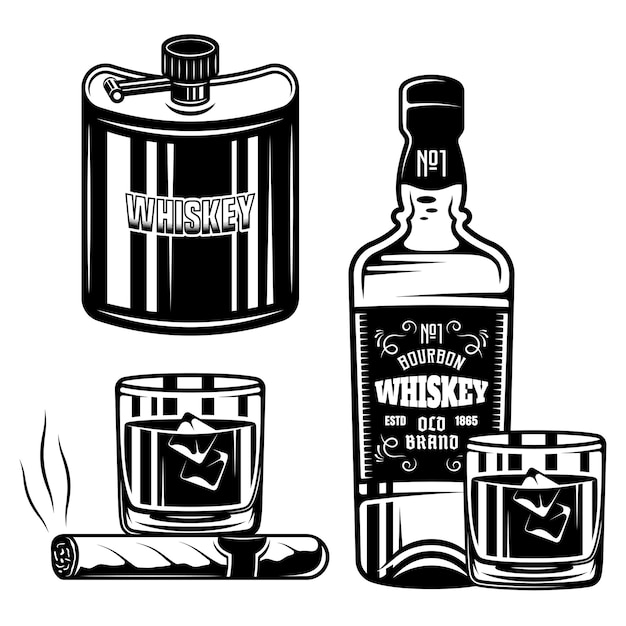 Whiskey set of vector black objects or design elements isolated on white background