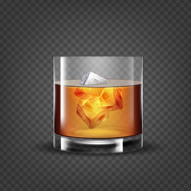 Whisky glas Bourbon met ijsblokjes Whisky klassieke serveer Transparent glaswerk Schotse amber drankje in de bar Vloeibare wijn splash 3D alcohol drank Vector realistische illustratie