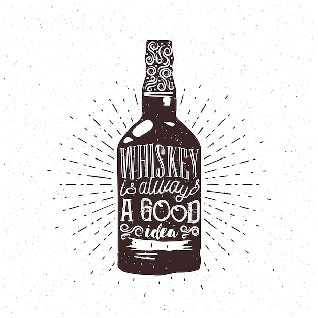 Whisky is altijd een goed idee - tekst in de whiskyfles. Gravure met whiskythema voor uw café of pub. Vector.