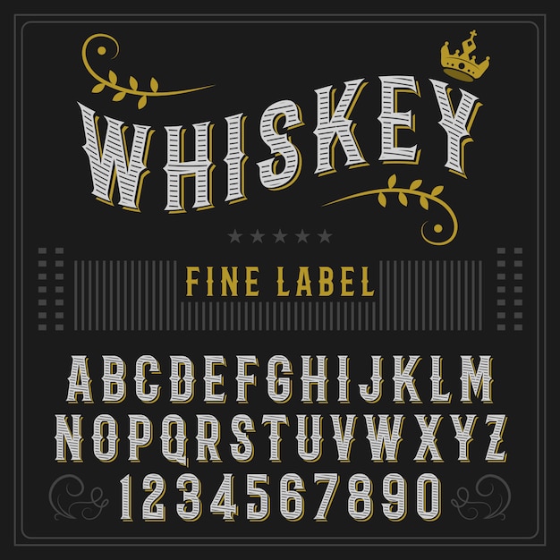 Whisky label lettertype en voorbeeldlabel ontwerp. vintage ogend lettertype in zwart-gouden kleuren, bewerkbaar en gelaagd