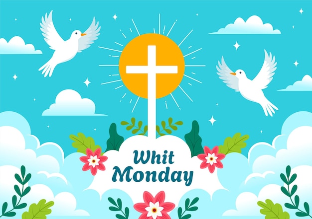 Vector whit monday illustration with a pigeon or dove for christian community holiday of the holy spirit