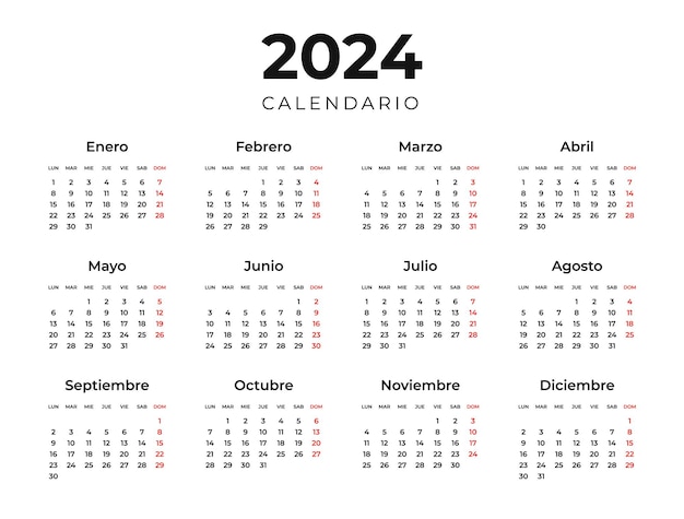 Vector white 2024 calendar template in spanish