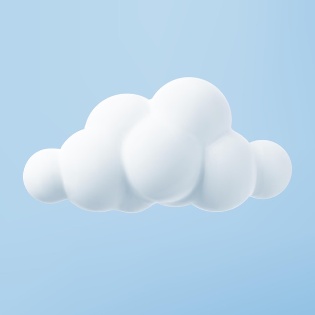 Vettore nuvola bianca 3d isolata su sfondo blu. renda l'icona della nuvola lanuginosa del fumetto rotondo morbido nel cielo blu. illustrazione vettoriale di forma geometrica 3d.