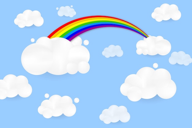 White 3d cloud and rainbow. Cartoon fluffy clouds icon in the blue sky