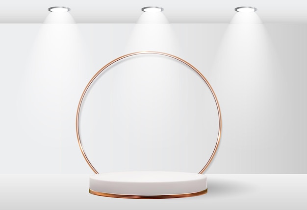 white 3d pedestal background with golden glass ring frame for cosmetic product presentation fashion magazine