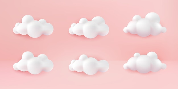 White 3d realistic clouds set isolated on a pink pastel background. render soft round cartoon fluffy clouds icon in the pink pastel sky. 3d geometric shapes vector illustration