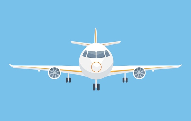 White airplane front view on blue background Passenger and cargo air transport