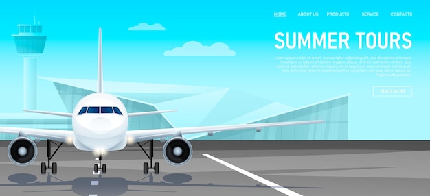ベクトル 国際空港の滑走路上の白い飛行機出発エリアを走行する飛行機旅客機背景に乗客とターミナルを持つ航空機夏のツアーの web サイト ページ ベクトル図