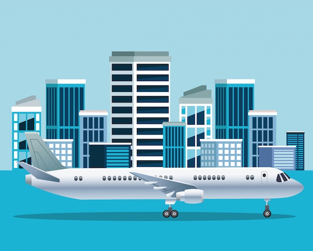 White airplane transport in the airport cityscape scene illustration