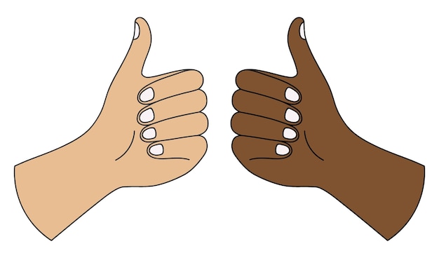 親指を立てるジェスチャーを示す白と黒の手ポジティブな人種コミュニケーションの概念ベクトル図