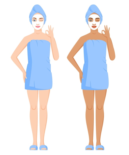 Белые и черные женщины, завернутые в полотенца после ванны или душа, использование косметической глины или масок из ткани