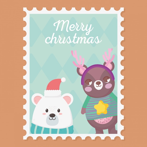 스웨터와 뿔 메리 크리스마스 스탬프와 흰색과 갈색 곰