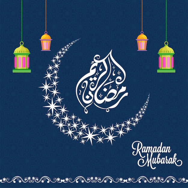 White arabic calligraphy of ramadan kareem with stars forming a crescent moon and lanterns hang on blue mandala pattern background