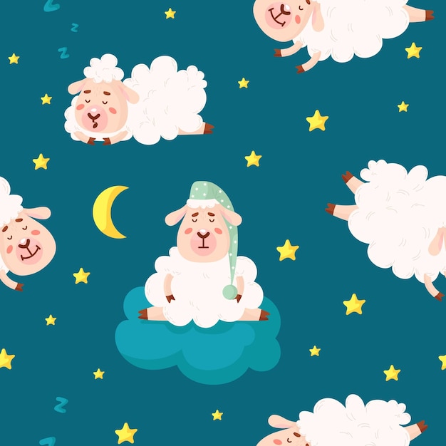 White baby sheep Cartoon sheeps seamless pattern children sweet lambs fabric print Funny childish graphic decorative wool animal classy vector background