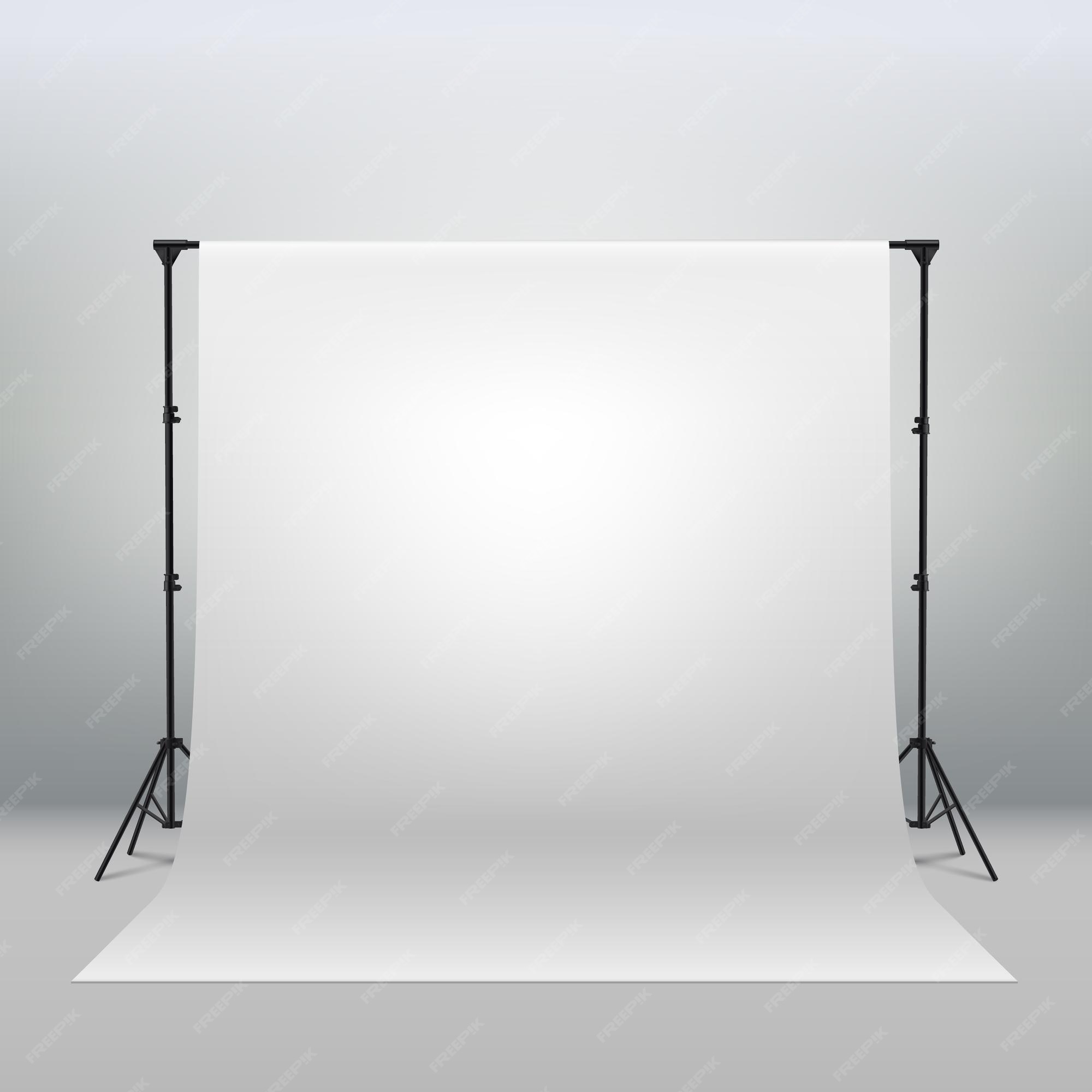 Premium Vector | White backdrop background for photography photo booth  backdrop for photoshoot background screen video recording parties curtain.  professional photo studio interior. photography tripods and racks.