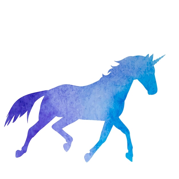 White background blue watercolor silhouette unicorn