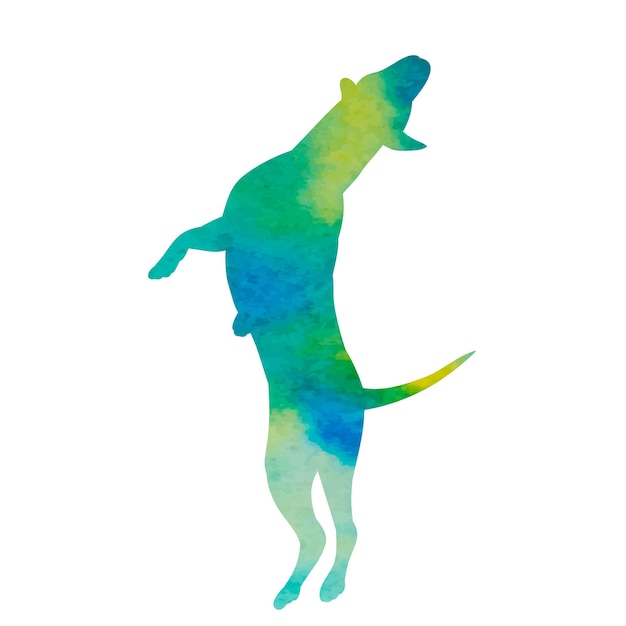 White background green watercolor silhouette of a dog jumping