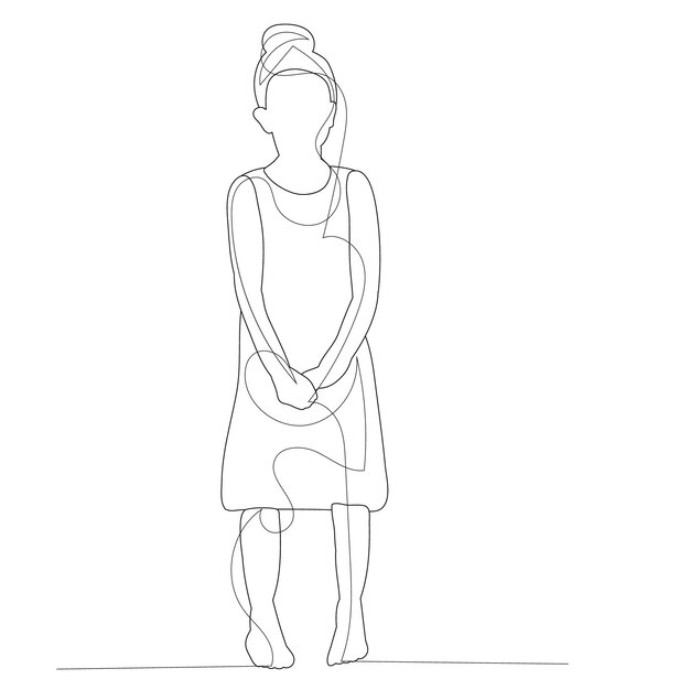 Vector white background line drawing of a little girl