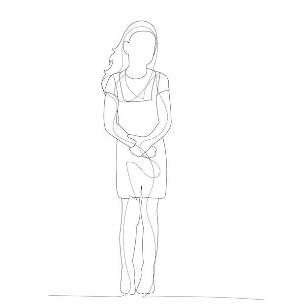 Vector white background line drawing of a little girl