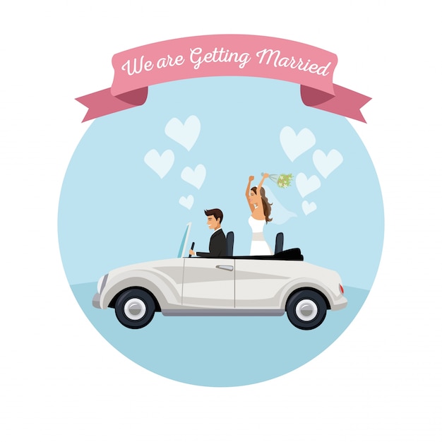 Vector white background of newly married couple groom in vehicle