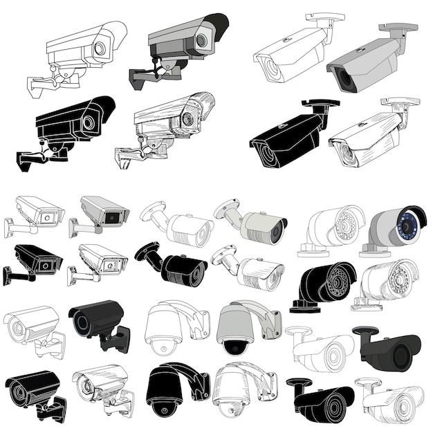 White background set of cctv camera