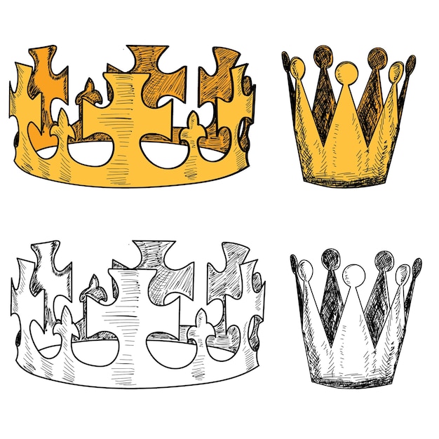 Vector white background set collection golden crown with sketch