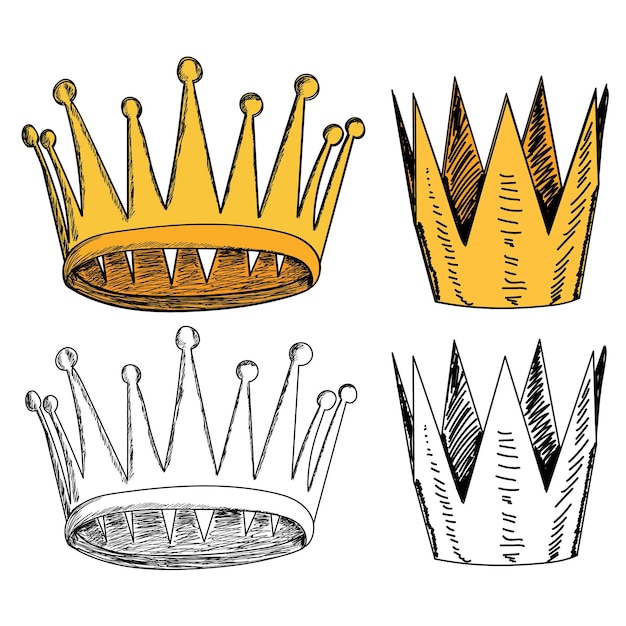 White background set collection golden crown with sketch