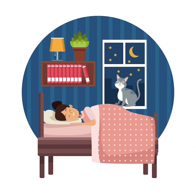 Vector white background with circular colorful scene girl sleep with blanket in bedroom