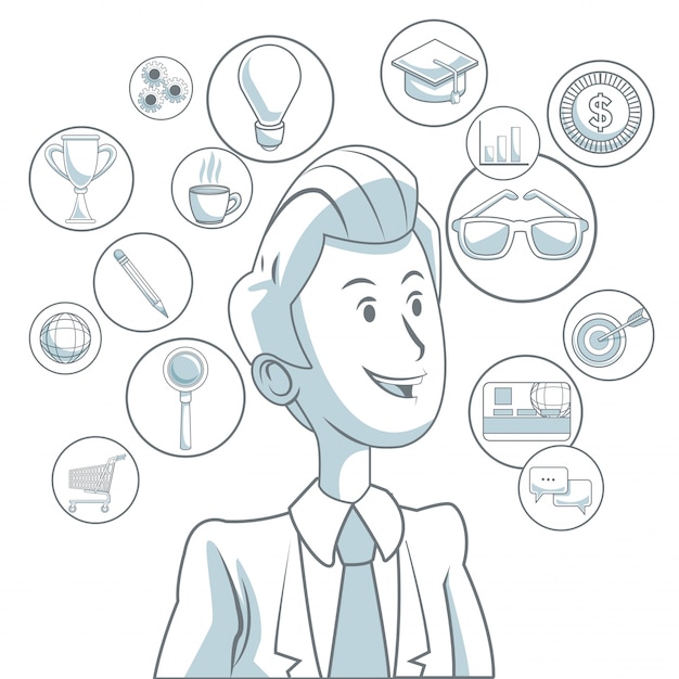 white background with color sections of executive man and icons digital marketing