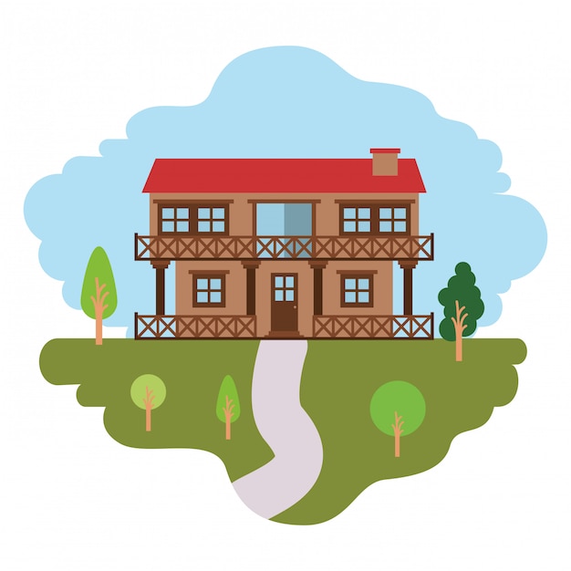 Vector white background with colorful scene of natural landscape and country house of two floors with railing