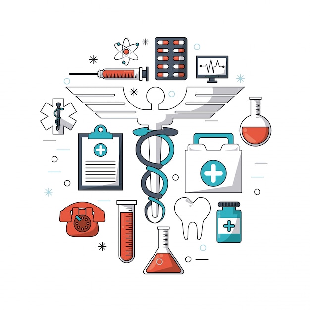 Vector white background with colorful set of medical research icons