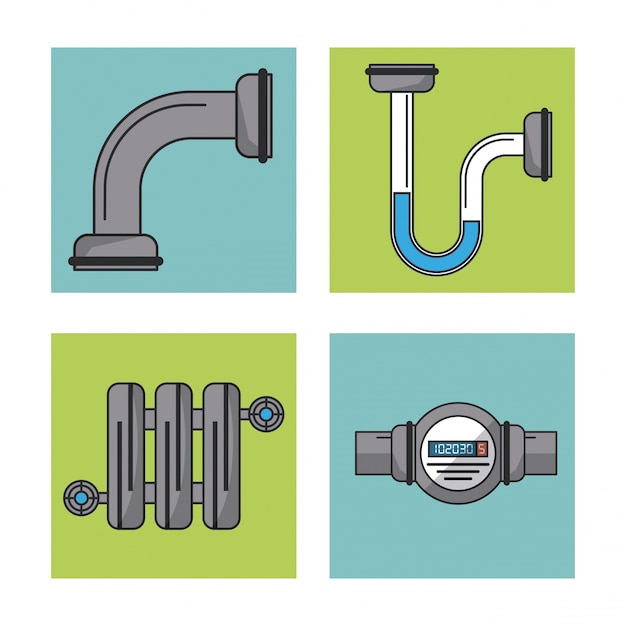 White background with frames of water pipeline and water meter