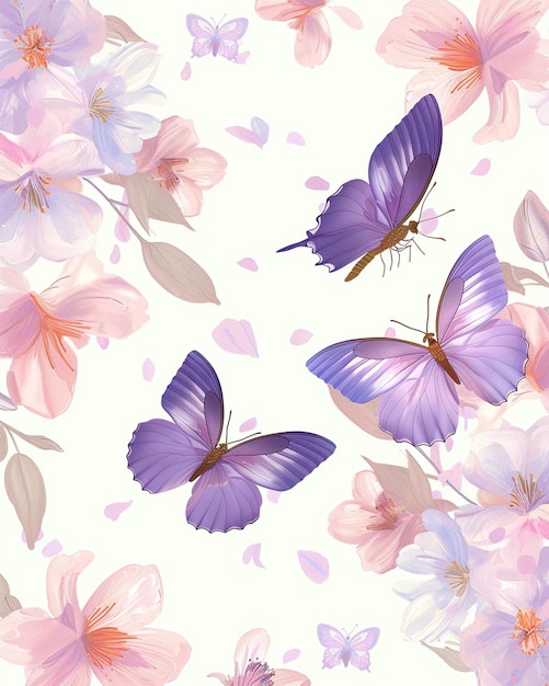 Premium Vector | White Background with Purple Butterflies and Flowers
