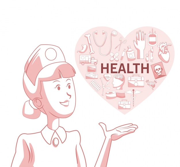 Вектор Белый фон с красным цветом разделе силуэт медсестра с сердцем формы с элементами здоровья